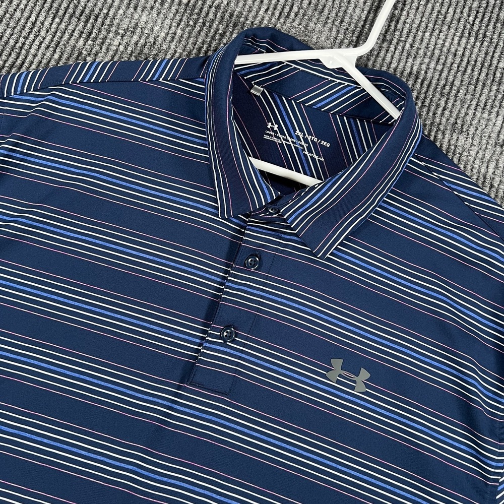 Under Armour Polo Shirt Mens 2XL XXL Blue Striped Short Sleeve Heat Gear Loose